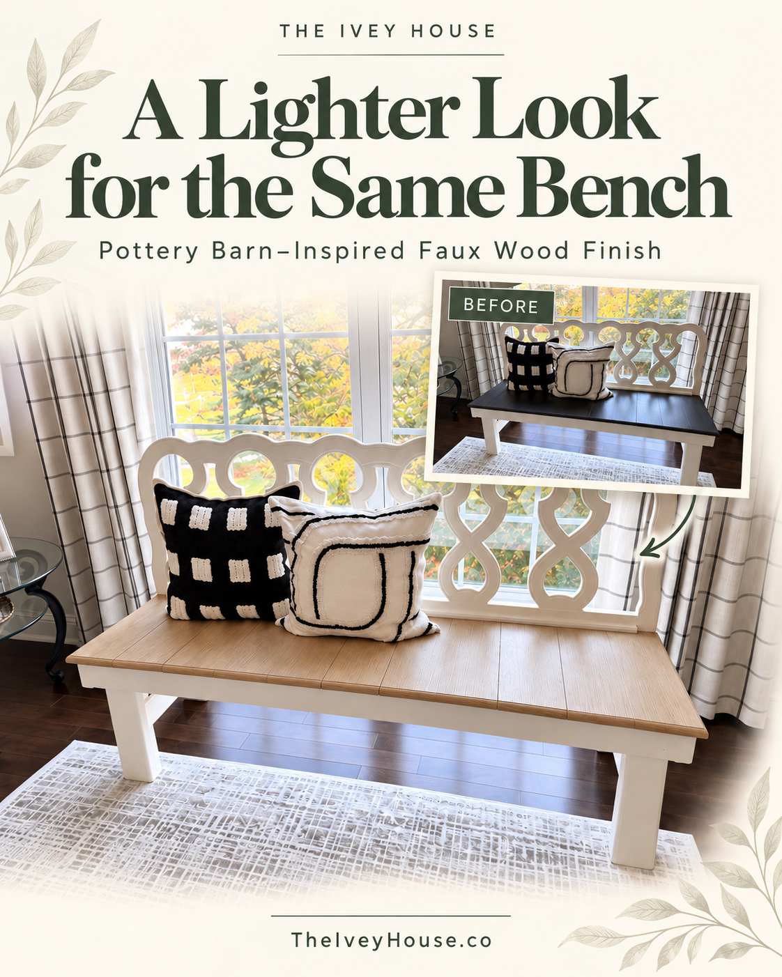 Living room bench with a lighter faux-wood seat and black-and-white pillows