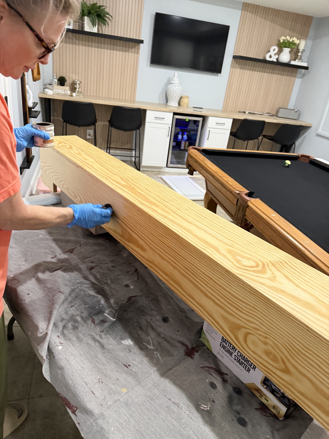 Conditioning the pine mantel before staining