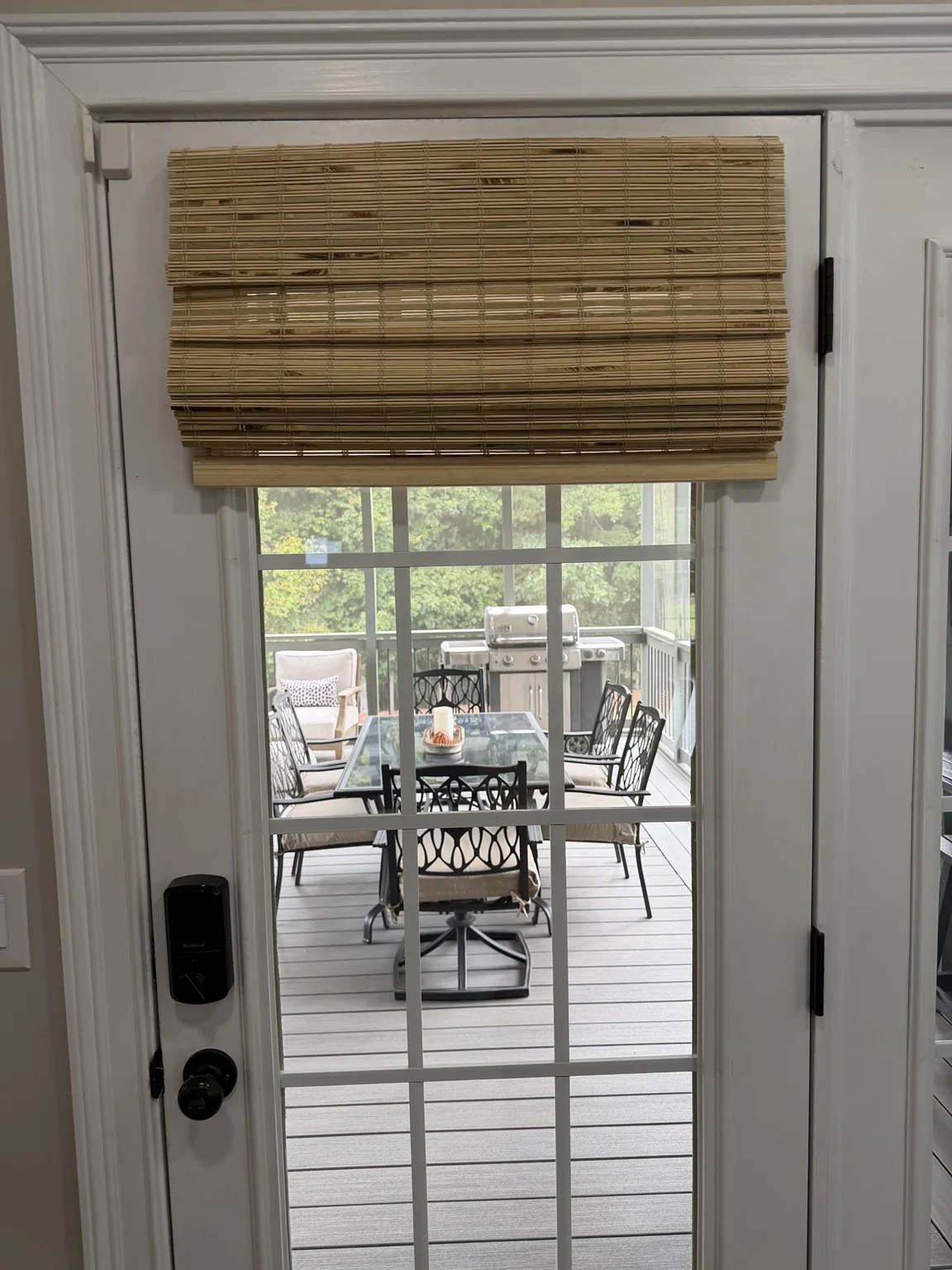 First bamboo shade mounted on one of the metal French doors