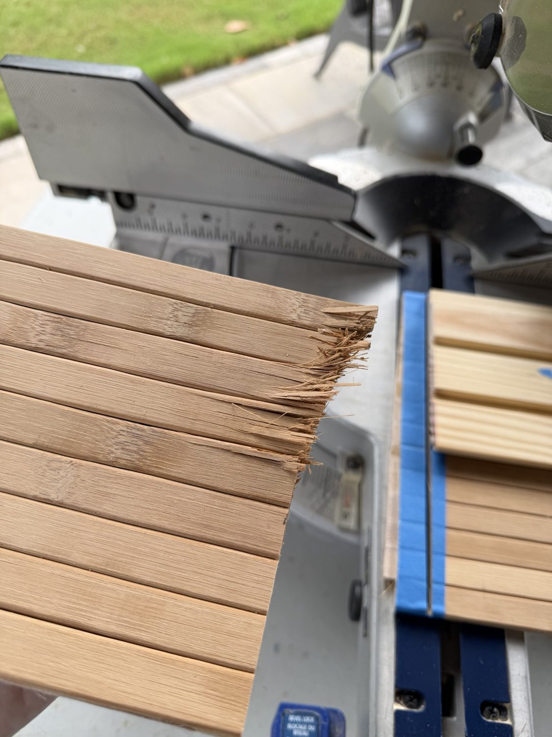 An imperfect cut: thin pine edges can splinter, especially across their profile.